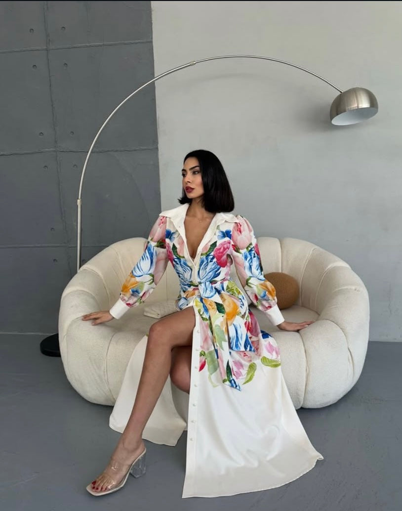 Floral sleeve Dress with belt
